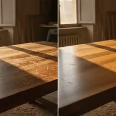 Prima e dopo: come trasformare un tavolo in legno graffiato in una superficie lucida e rinnovata con uno scalpello e un panno.
