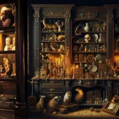 Un ricco gabinetto delle curiosità, pieno di oggetti bizzarri, scheletri, libri antichi e manufatti misteriosi, evoca un'atmosfera di scoperta e meraviglia.