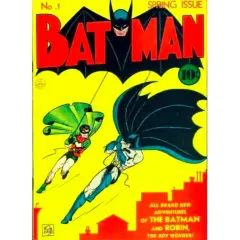 Copertina di Batman N.1, uno dei fumetti più costosi, con Batman e Robin che planano su Gotham City.