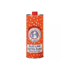 Lattina arancione con pois bianchi, etichetta con scritta "Olio Lino Cotto Puro" e logo Sprintchmica. Ideale per la tripla cottura.