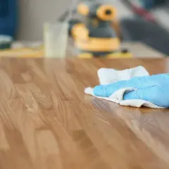 Mano con guanto blu che applica olio di lino per legno su una superficie in legno.