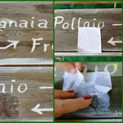 Segni su legno: "Legnaia", "Pollaio". Si applica un disegno con carta, poi si rimuove. La porporina cos'è? Forse un effetto glitterato.
