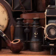 Una pipa, binocolo, macchina fotografica antica e orologio da tasca: oggetti antichi più ricercati, che evocano storie del passato.