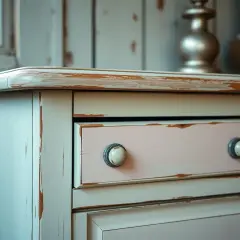 Cassettiera con finitura usurata, tipica della tecnica shabby. I cassetti rosa pallido e le maniglie in ceramica aggiungono un tocco romantico.
