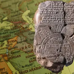 Tavoletta d'argilla con incisioni cuneiformi, che rappresenta la mappa più antica del mondo, sovrapposta a una mappa moderna del Medio Oriente.