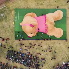 Un enorme orsacchiotto peluche, forse il peluche più costoso del mondo, giace su un prato verde, circondato da una folla curiosa.