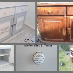 Prima e dopo: un mobile da ristrutturare, ora grigio e bianco con decorazioni, pronto per una nuova vita.