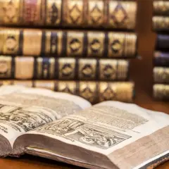 Un antico libro aperto mostra incisioni dettagliate, circondato da pile di volumi rilegati in pelle, testimoni di preziosi libri costosi.