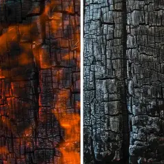 Legno carbonizzato con fiamme arancioni vibranti a sinistra e texture shou sugi ban nera e screpolata a destra.