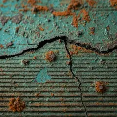 Dettaglio di una superficie verde screpolata, con evidenti segni di ruggine e crepe. Il bronzo si ossida, rivelando la sua storia.