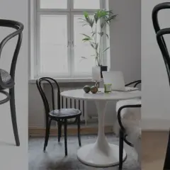 Dettagli di sedie Thonet in legno curvato, con seduta in paglia o tessuto. Un collage che mostra come riconoscere una sedia Thonet originale.