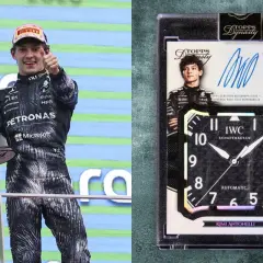 Figurina Panini più costosa: Kimi Antonelli con trofeo e card autografata con cimelio di gara.