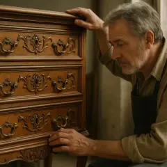 Un artigiano osserva un antico chiffonier, simbolo di eleganza e funzionalità.