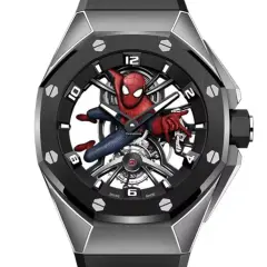 Orologio con quadrante scheletrato e ap spiderman in azione.