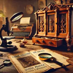 Scrivania da studioso con microscopio, macchina da scrivere, libri antichi e una clessidra. Un libro aperto parla di "come valutare" e menziona il marmo Portoro provenienza.
