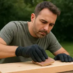 Uomo con guanti neri leviga un asse di legno grezzo all'aperto, un passo essenziale nel trattamento legno grezzo.