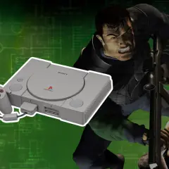 PlayStation 1 con controller e personaggi di videogiochi rari, su sfondo verde con schemi tecnici.
