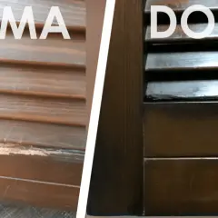 Prima e dopo: riparazione di legno marcio con resina per legno marcio. La persiana è stata restaurata.