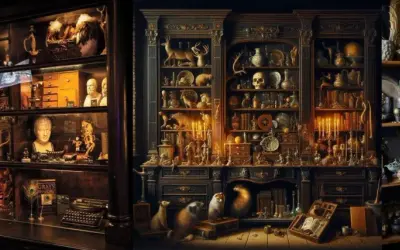 Un ricco gabinetto delle curiosità, pieno di oggetti bizzarri, scheletri, libri antichi e manufatti misteriosi, evoca un'atmosfera di scoperta e meraviglia.