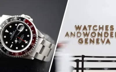 Un Rolex GMT-Master II in primo piano, con lo sfondo della scritta "Watches and Wonders Geneva", la fiera degli orologi.