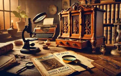 Scrivania da studioso con microscopio, macchina da scrivere, libri antichi e una clessidra. Un libro aperto parla di "come valutare" e menziona il marmo Portoro provenienza.