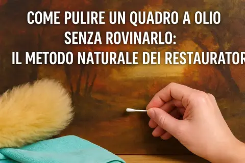 Mano con cotton fioc pulisce un quadro a olio senza vetro, mostrando il metodo naturale dei restauratori per la pulizia.