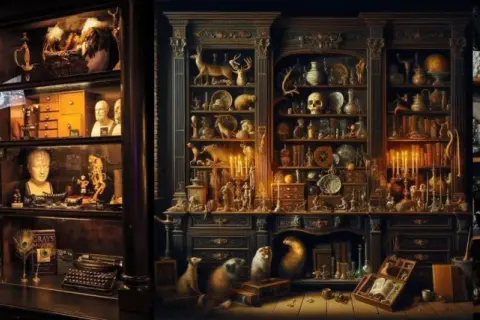 Un ricco gabinetto delle curiosità, pieno di oggetti bizzarri, scheletri, libri antichi e manufatti misteriosi, evoca un'atmosfera di scoperta e meraviglia.
