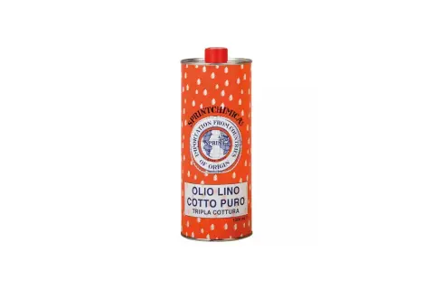 Lattina arancione con pois bianchi, etichetta con scritta "Olio Lino Cotto Puro" e logo Sprintchmica. Ideale per la tripla cottura.