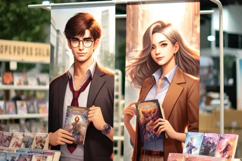 Due banner pubblicitari mostrano un ragazzo e una ragazza che tengono in mano fumetti, suggerendo il loro valore.