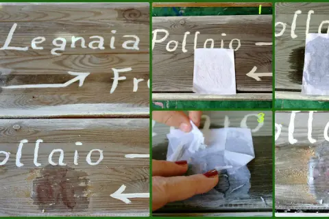 Segni su legno: "Legnaia", "Pollaio". Si applica un disegno con carta, poi si rimuove. La porporina cos'è? Forse un effetto glitterato.