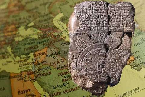 Tavoletta d'argilla con incisioni cuneiformi, che rappresenta la mappa più antica del mondo, sovrapposta a una mappa moderna del Medio Oriente.