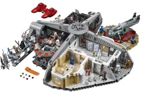 Il Millennium Falcon LEGO, il set più costoso al mondo, con dettagli interni e personaggi iconici di Star Wars.