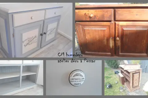 Prima e dopo: un mobile da ristrutturare, ora grigio e bianco con decorazioni, pronto per una nuova vita.