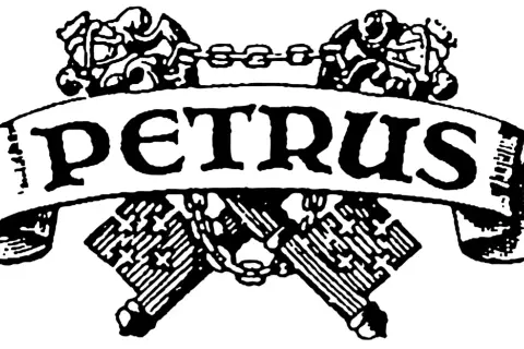 Stemma con nastro "PETRUS" e catene incrociate. Un'icona che evoca il petrus vino più costoso, simbolo di lusso e prestigio.