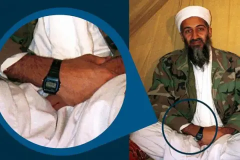 Primo piano sul polso di Osama bin Laden che indossa un orologio digitale, forse l'orologio più venduto al mondo per la sua semplicità e affidabilità.