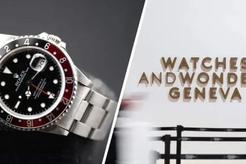 Un Rolex GMT-Master II in primo piano, con lo sfondo della scritta "Watches and Wonders Geneva", la fiera degli orologi.