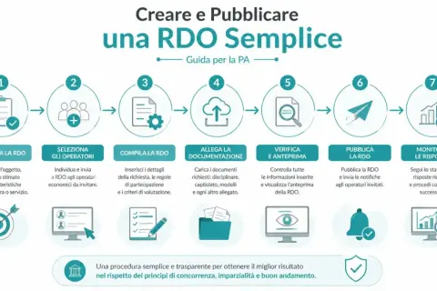 Diagramma a 7 passi per creare una RDO semplice, dalla pianificazione al monitoraggio delle risposte.