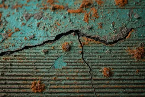 Dettaglio di una superficie verde screpolata, con evidenti segni di ruggine e crepe. Il bronzo si ossida, rivelando la sua storia.