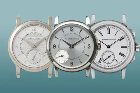 Tre orologi di lusso Philippe Dufour, ognuno con un quadrante unico, mostrano l'artigianato svizzero.
