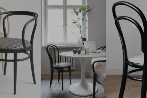 Dettagli di sedie Thonet in legno curvato, con seduta in paglia o tessuto. Un collage che mostra come riconoscere una sedia Thonet originale.