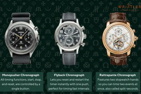 Tre orologi con cronografo: Monopulsante, Flyback e Rattrapante. Il cronografo significato è la sua funzione di misurare intervalli di tempo.