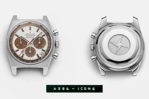 Orologio Zenith El Primero A384 con movimento automatico, cronografo e datario. Il fondello presenta un'iconica stella a quattro punte.