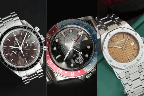 Tre orologi iconici: Omega Speedmaster, Rolex GMT-Master e Audemars Piguet. La patina del tempo dona un fascino unico a questi pezzi da collezione.