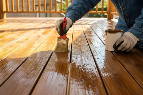 Persona con guanti applica una finitura protettiva su un deck di legno, mostrando come colorare il legno in modo naturale per un aspetto caldo e invitante.