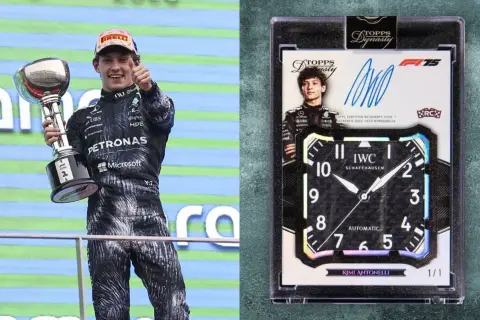 Figurina Panini più costosa: Kimi Antonelli con trofeo e card autografata con cimelio di gara.
