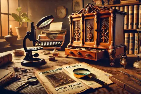 Scrivania da studioso con microscopio, macchina da scrivere, libri antichi e una clessidra. Un libro aperto parla di "come valutare" e menziona il marmo Portoro provenienza.