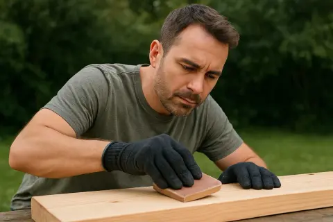 Uomo con guanti neri leviga un asse di legno grezzo all'aperto, un passo essenziale nel trattamento legno grezzo.