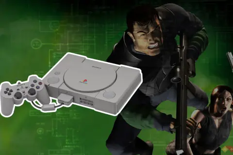 PlayStation 1 con controller e personaggi di videogiochi rari, su sfondo verde con schemi tecnici.