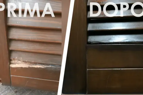 Prima e dopo: riparazione di legno marcio con resina per legno marcio. La persiana è stata restaurata.