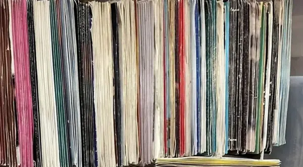Una collezione di dischi in vinile che valgono una fortuna, con copertine colorate e bianche, impilati in modo ordinato.
